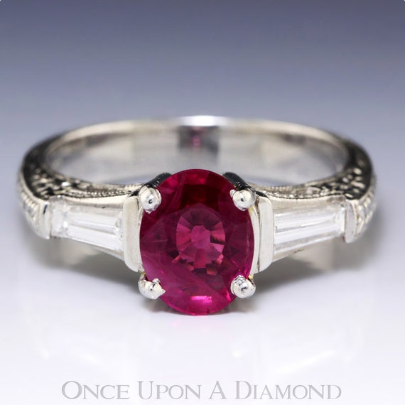 1.67ctw Oval Ruby & Baguette Diamond 3 Stone by OnceUponADiamond