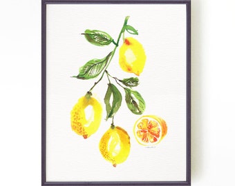 Kitchen art print, Lemon tree watercolor painting, Lemon print, Botanical print, Yellow home decor, Yellow fruit painting Buy 2 Get 1 Free