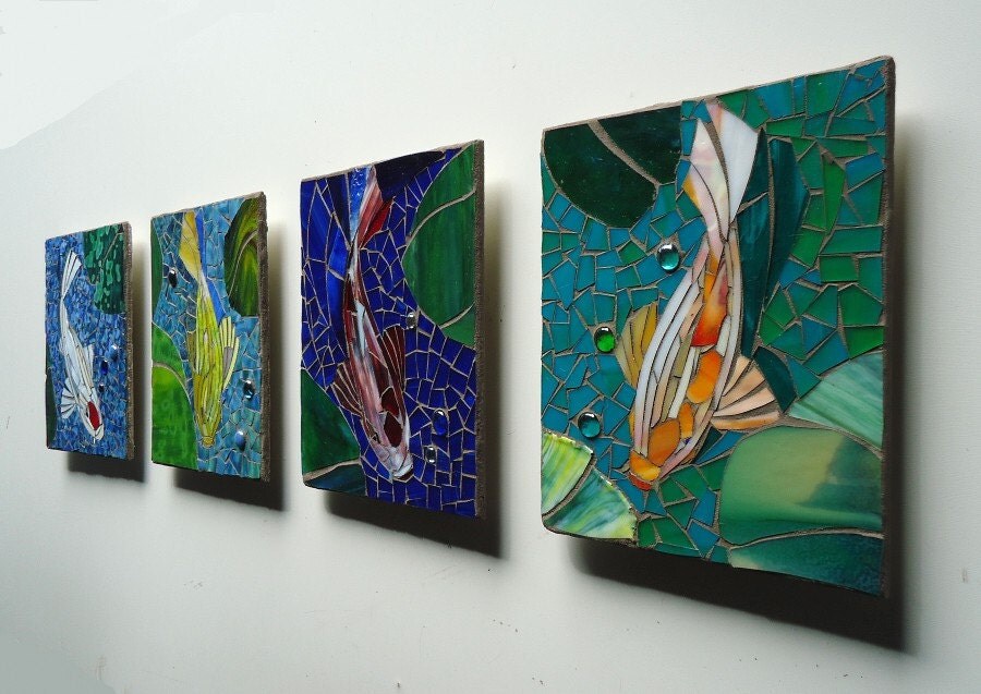 MOSAIC KOI TILES outdoor glass wall art set of 4