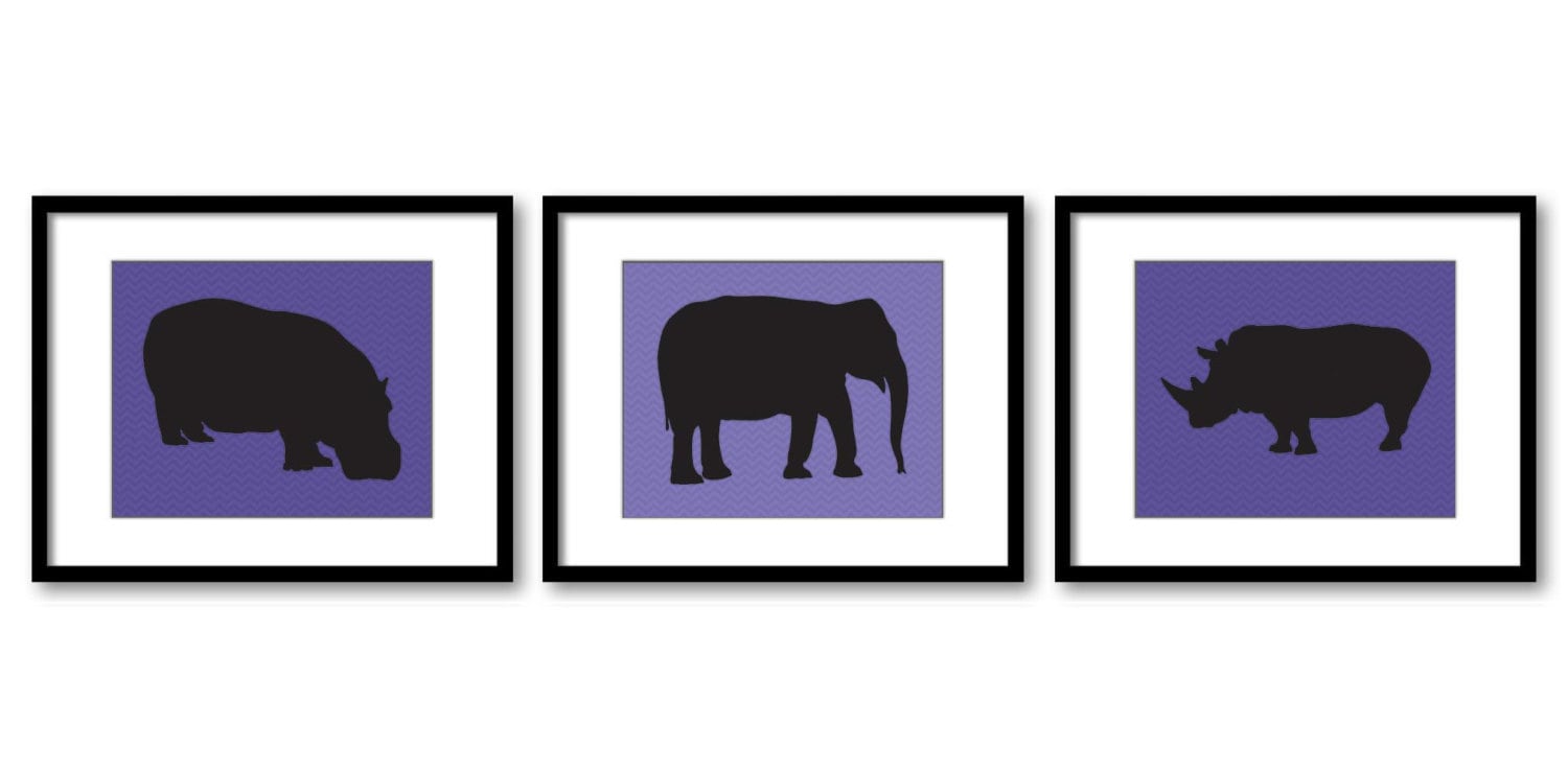 African Safari Animals Art Prints Navy Blue Purple Chevron Set of 3 Hippo Elephant Rhino Boys Art Nu