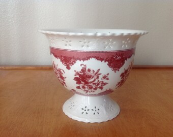 White Bowl Vase with Red Rose Pattern