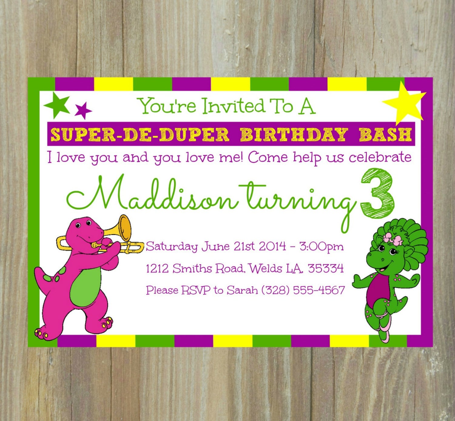 Barney Birthday Invitation Barney the Dinosaur by KalasKorner