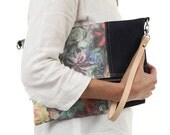 Denim Clutch with floral pattern. Denim Clutch, Medium Messenger. Romantic print for summer. Mod. POPPY