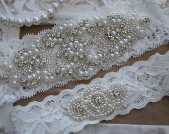 Wedding Garter Set, Bridal Garter Set, Vintage Wedding, Lace Garter, Crystal Garter Set, Pearl Garter-Style 200