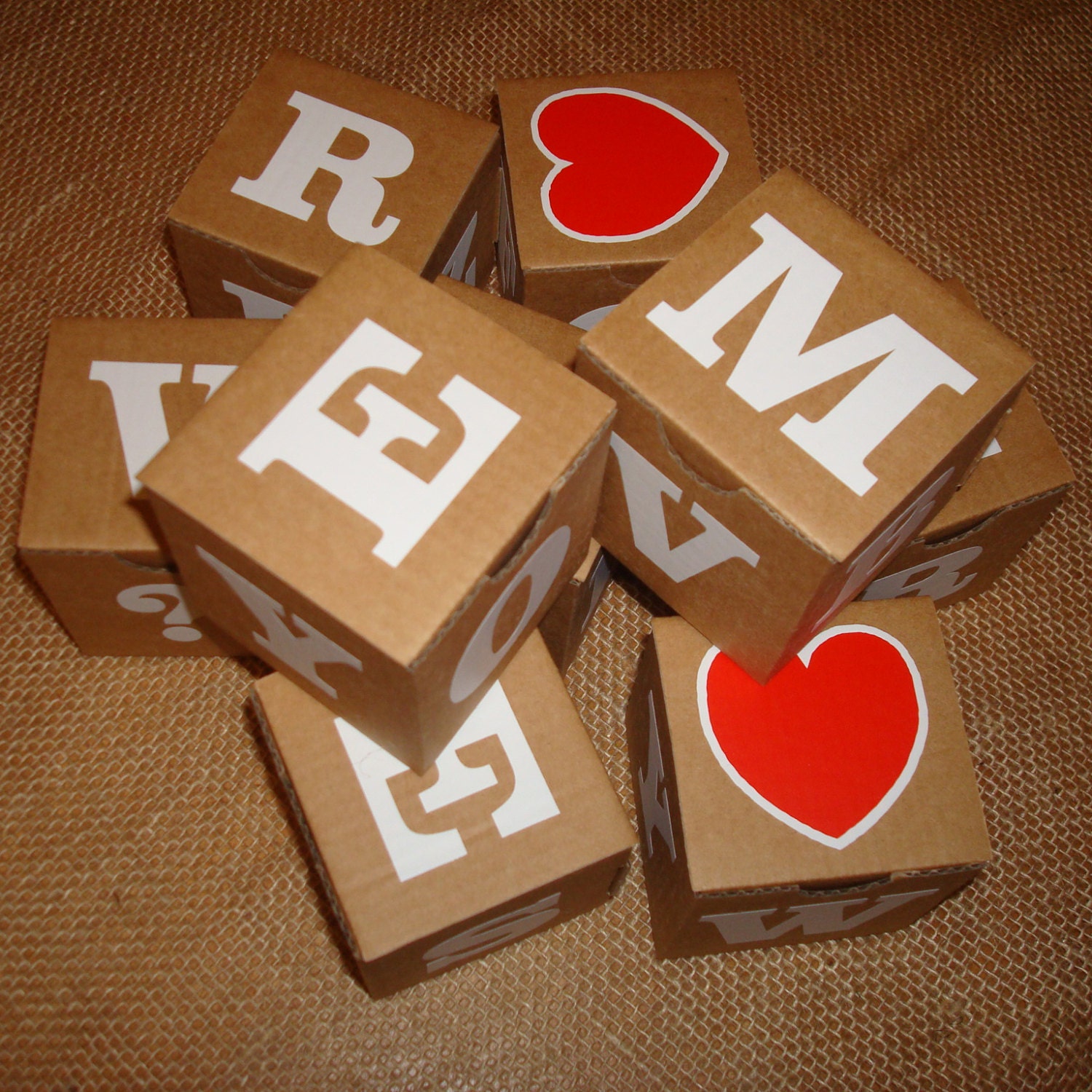 Set of 9 small square cardboard gift boxes with letters Small