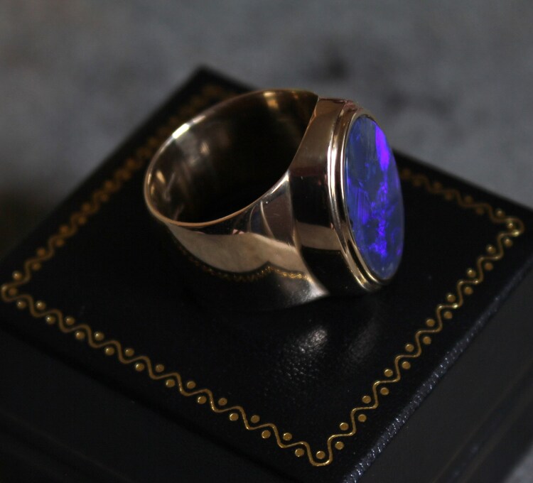 Handmade Black Opal Mens Ring in 14 k solid yellow by Wishgrantor