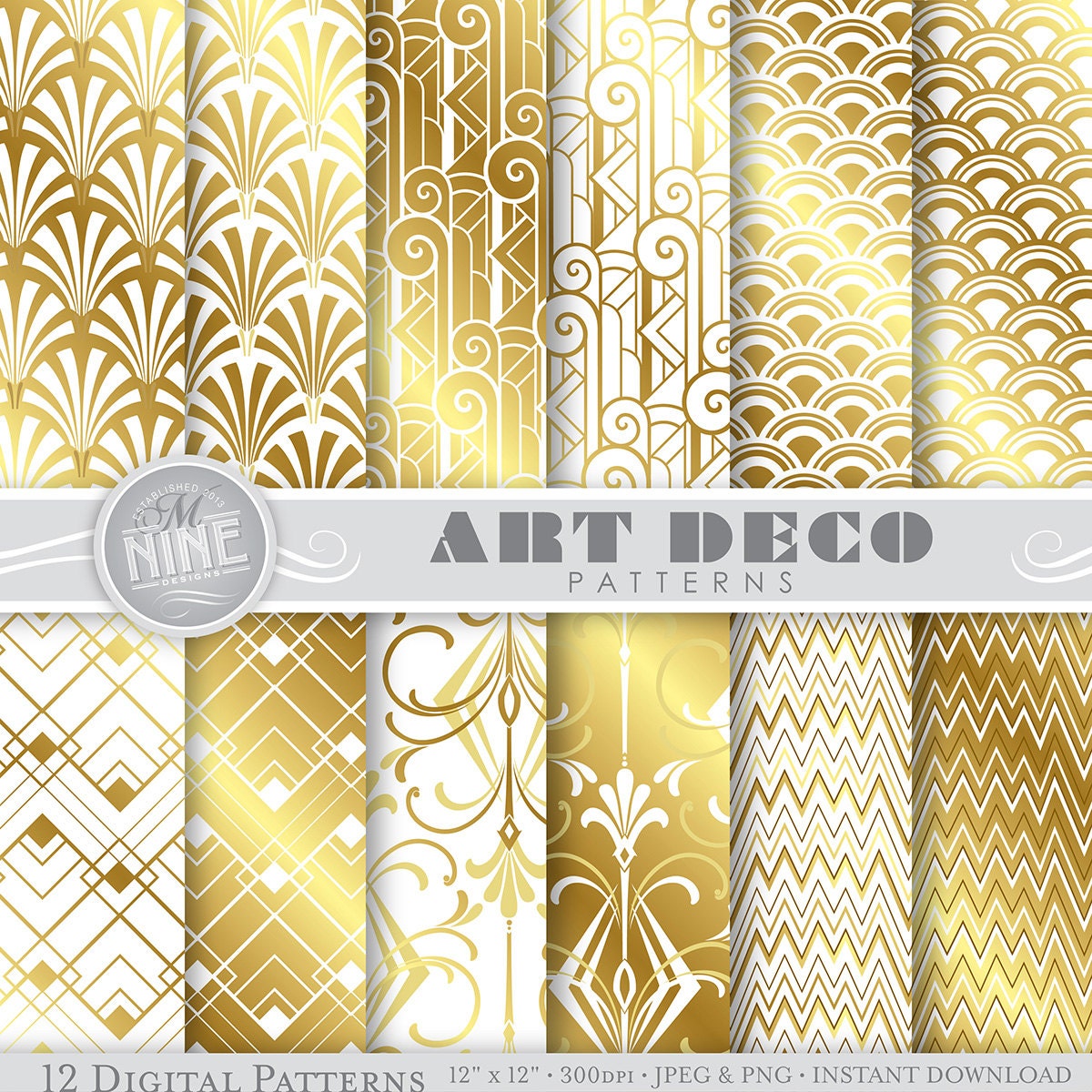 ART DECO Digital Paper: "Gold & White Art Deco" Patterns 