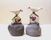 Set of two miniature houses , handmade ceramic rustic houses on gray hills , collectible item , hostess gift , for the home , home decor