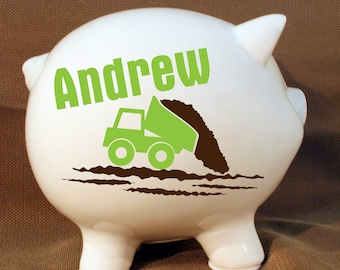 8" Dump Truck Style Personalized Piggy Bank - Boys Custom Bank, Tractor Piggy Bank, Boys Birthday Gift, Baptism Present