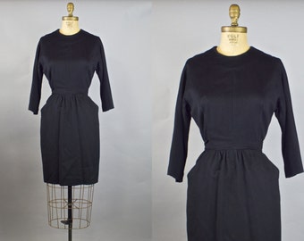 First Folio Dress / 50s Black Wool Dress / Wiggle Dress