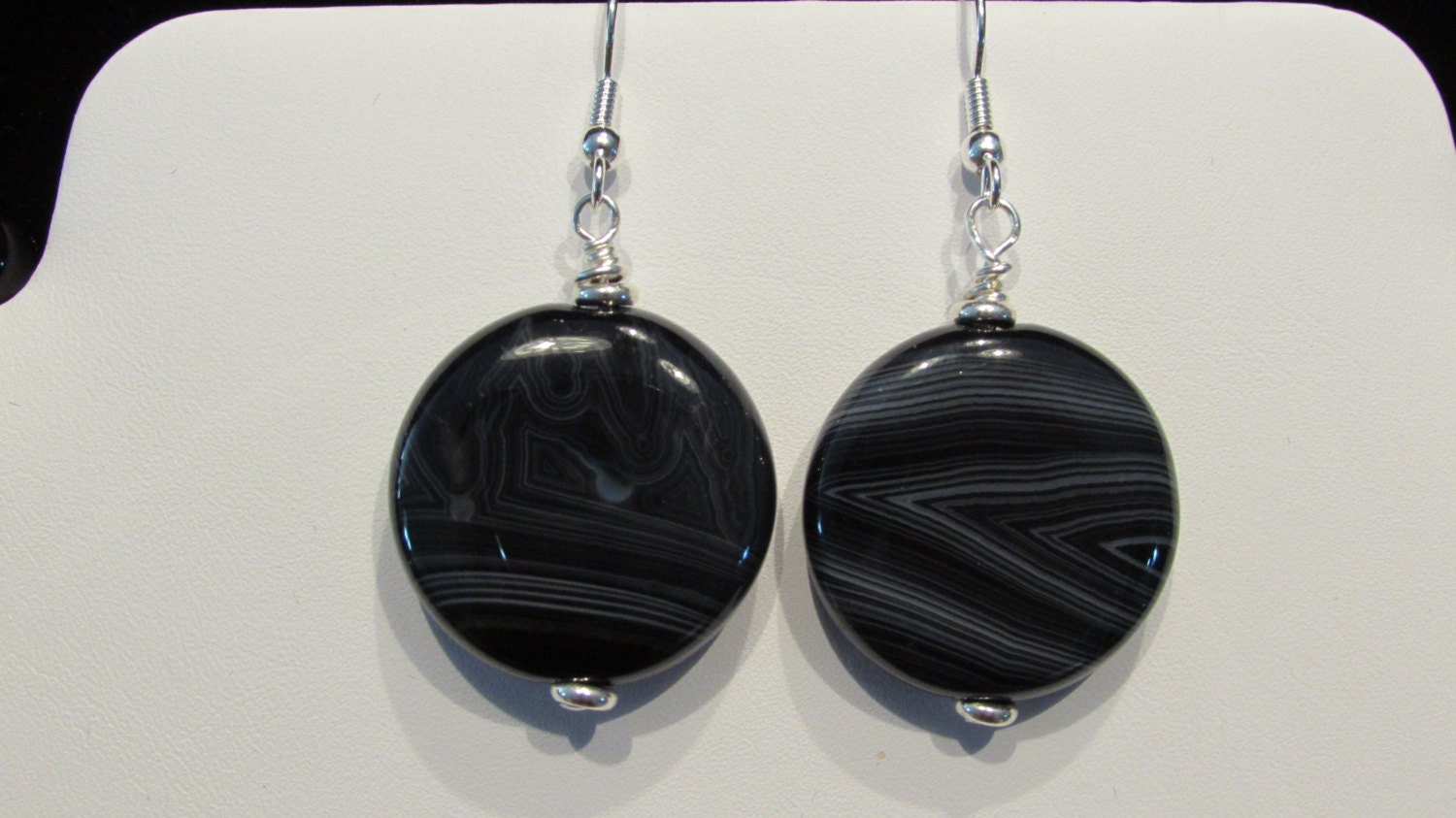 Black and White Striped Agate Earrings with Silver Disk/ wire