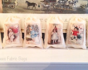 6 Children's Kids Merry Christmas Victorian Holiday Gift Bag set. Vintage Cotton Drawstring bags 4x6 5x7 6x8 7x9