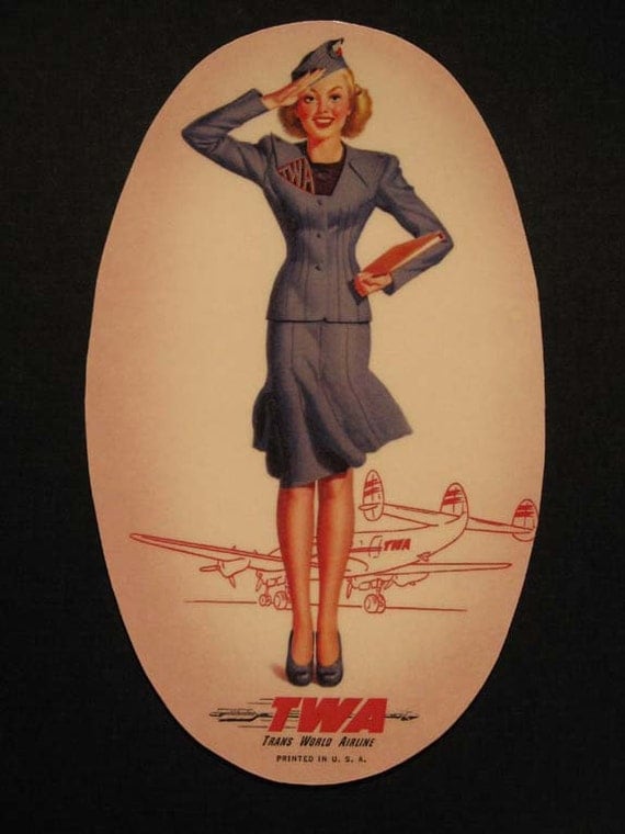 TWA Oval Shaped Girlie Pin Up style Flight Attendant late