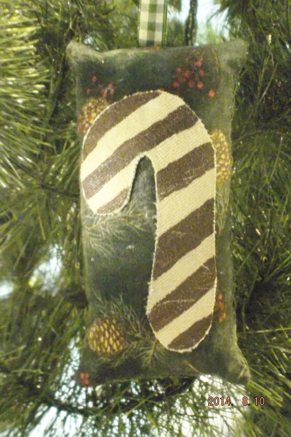 Primitive Burgundy Candy Cane Stenciled Pillow Christmas Tree Ornament FREE SHIPPING!