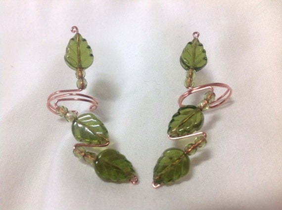 Spring Leaves Earcuffs, pair made with Czech Glass and crystal beads