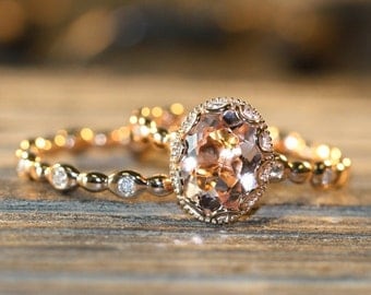 Floral Morganite Wedding Ring Set in 14k Rose Gold, 9x7mm Oval ...