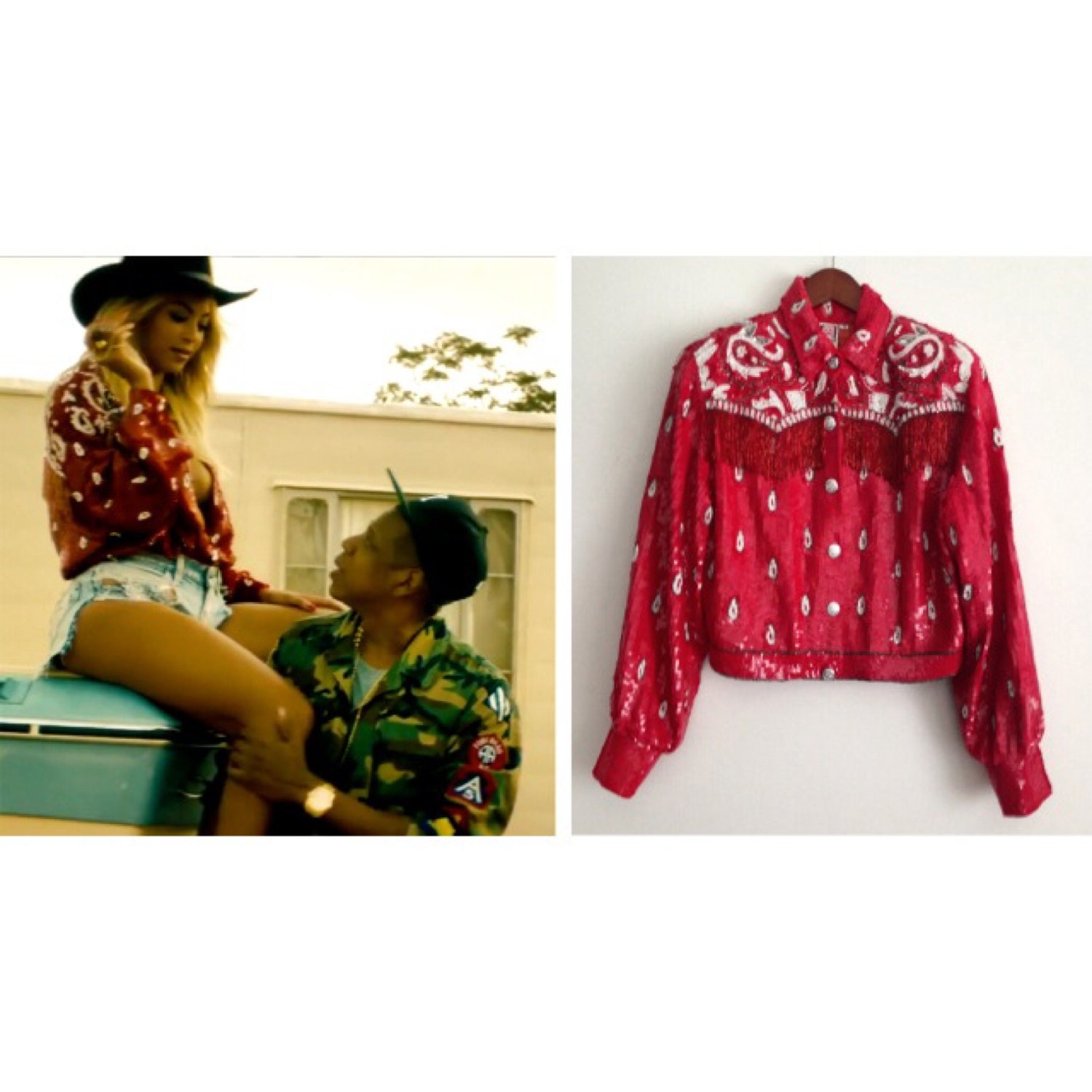 Vintage Red Bandana Fringe Beaded Jacket Size Medium by