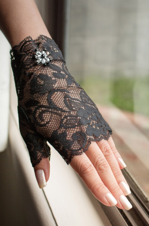 Black vintage lace gloves with diamante edge