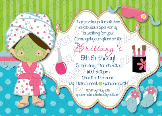 Spa party invitation glamour party makeup party any color birthday party printable invitations UPrint customized card by greenmelonstudios Il_570xn