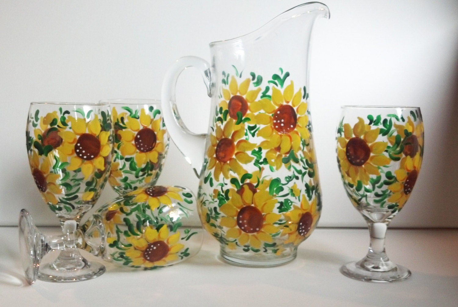 Drinking Glasses and Pitcher Set Hand Painted Sunflower