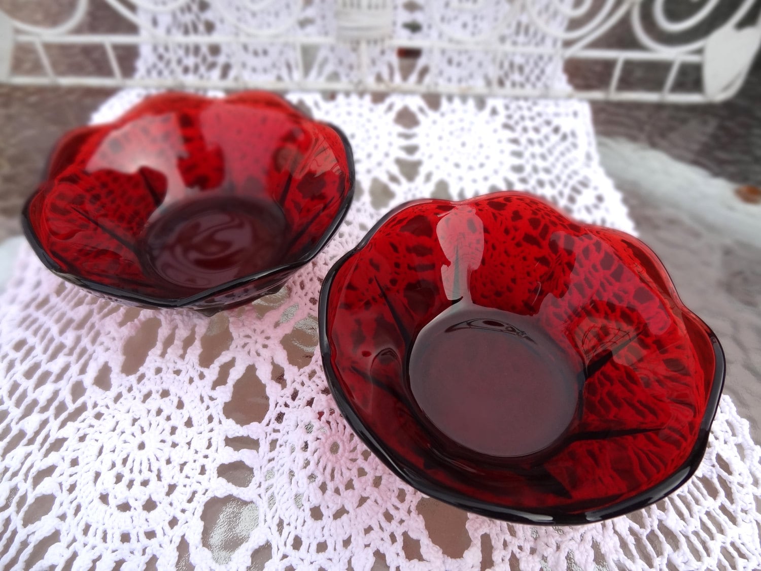 Pair of Ruby Red Small Serving Bowls by Anchor Hocking Fruit, Nut