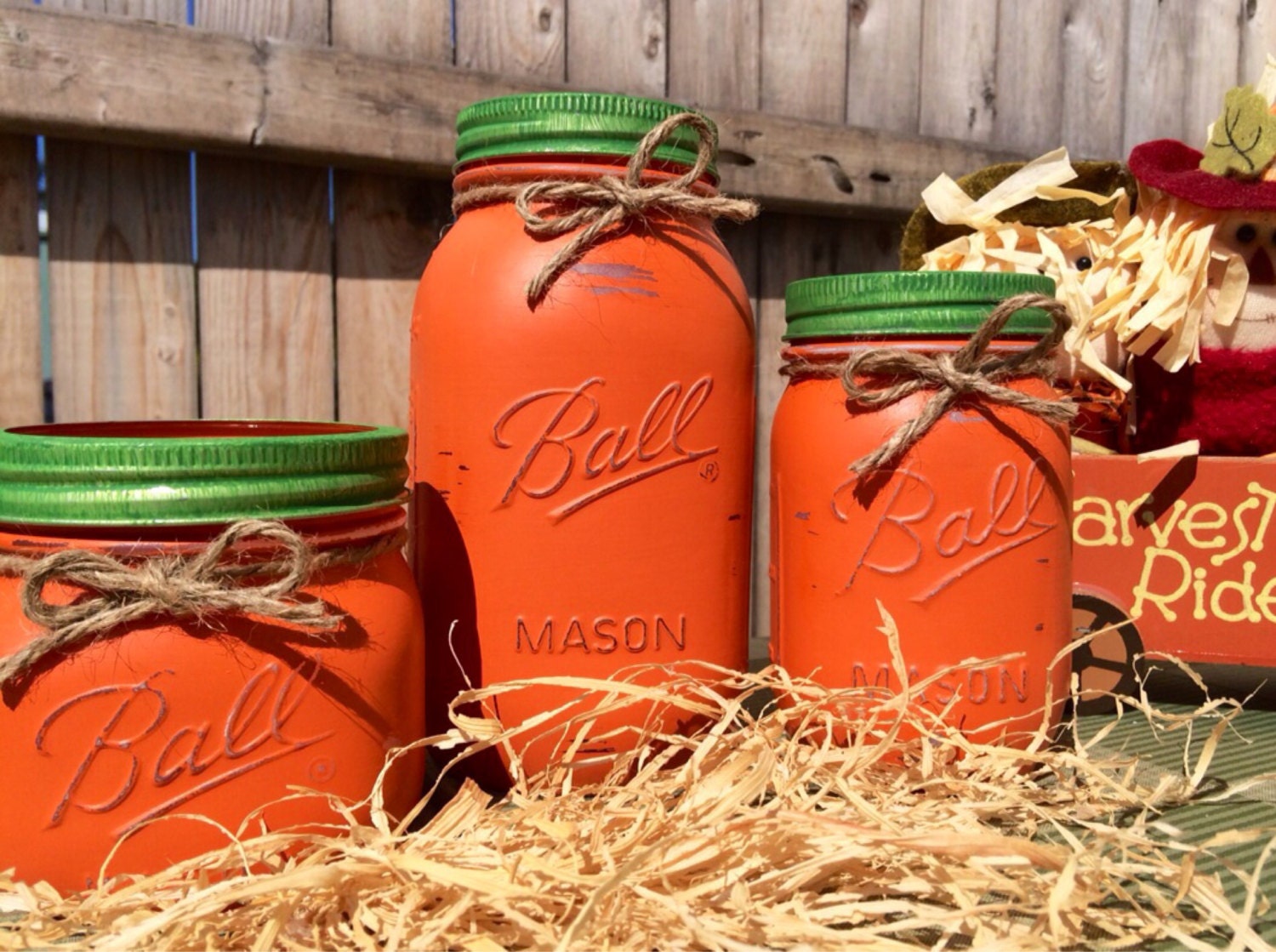 Set of 3 Hand Painted Mason Jar Pumpkins Home Decor Fall