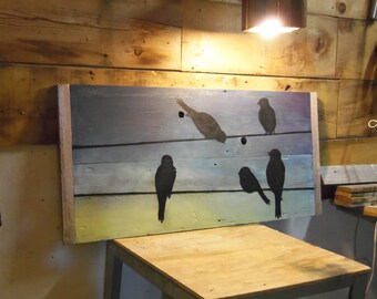 Birds on a Wire - Large Wall Art on Reclaimed Wood