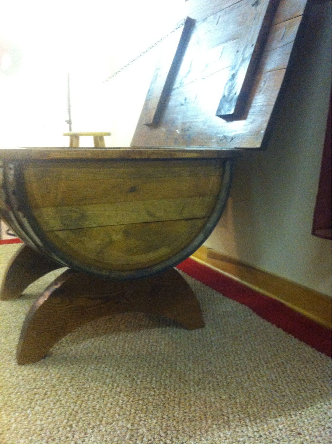 Rustic Oak Whiskey Barrel Coffee Table with Storage Crescent