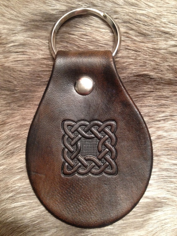 Hand Stamped Leather Key Fob Celtic Square Knot on Antique