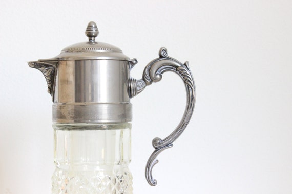 Vintage Silver Diamond Cut Glass Pitcher - Carafe