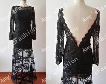 Custom Made Long Sleeve Evening Dress,Black Lace Prom Dress,Mermaid ...