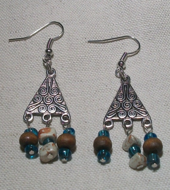 Items similar to Earrings Triangle Chandelier Wood and Glass Beads Brown and Blue on Etsy