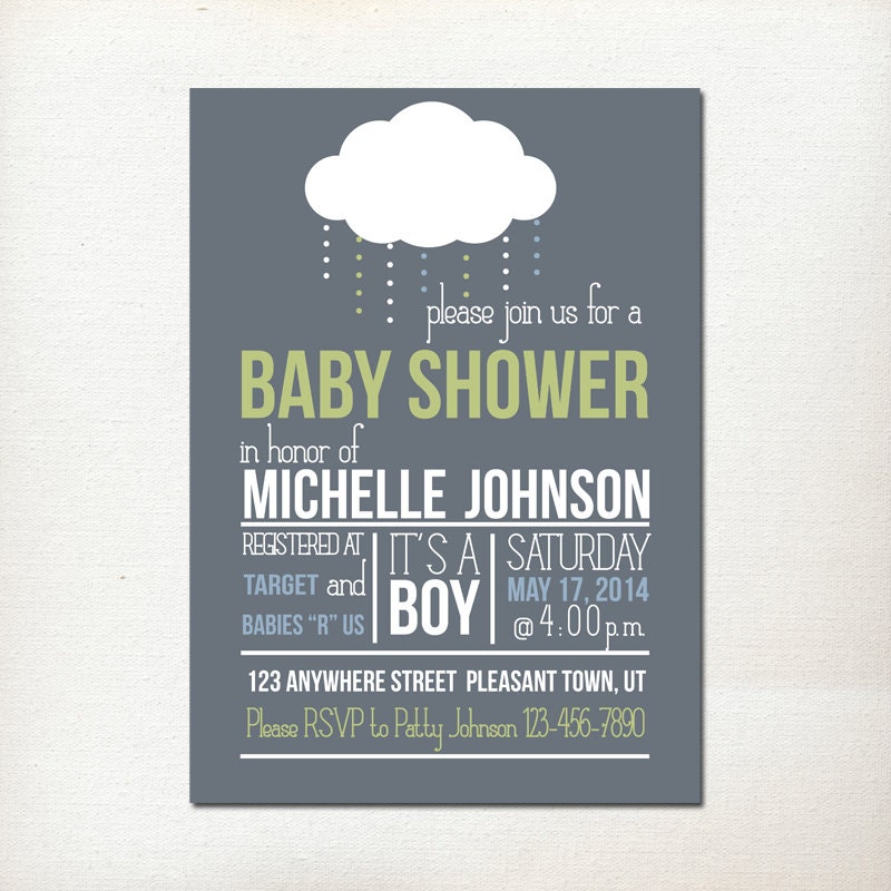 Baby Boy Shower Invitation with Rain Cloud Gray Green Blue