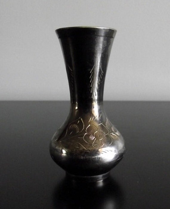 Tiny Brass Metal Bud Vase Hand Engraved Etched Made in India