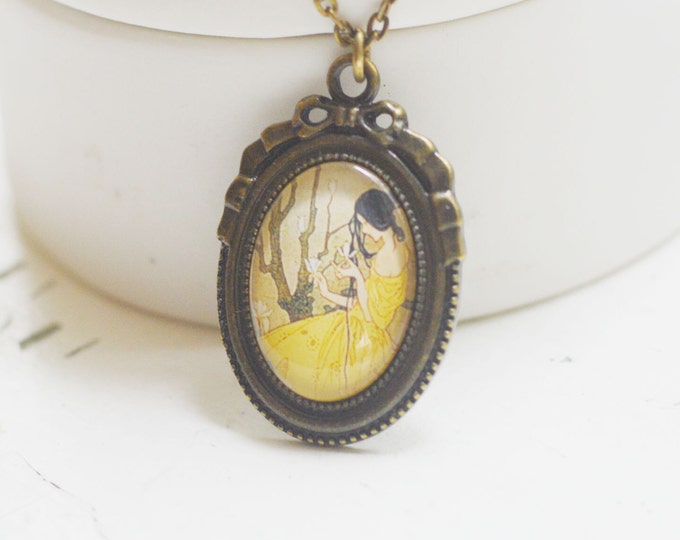 FEMALE IMAGES Oval pendant metal brass with the image of girl under glass , Yellow and Brown, Vintage and Rustic