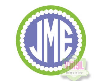 Beaded border circle vinyl monogram sticker, Personalized vinyl monogram decal, Fancy monogram decal for girls, Feminine monogram, 2-Color