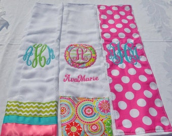 Personalized 3 peice Burp Cloth Set. Monogrammed Burp Clothes