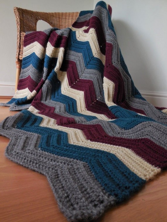 Crochet chevron blanket / afghan / throw in burgundy cream