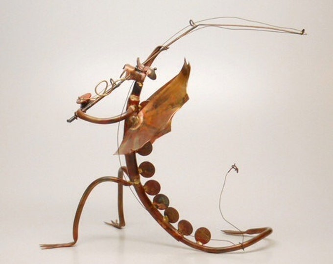 Storewide 25% Off SALE Large Copper Artisan Sculpture of a Mythical Fly Fishing Dragon featuring amazing details including Real Pennies down