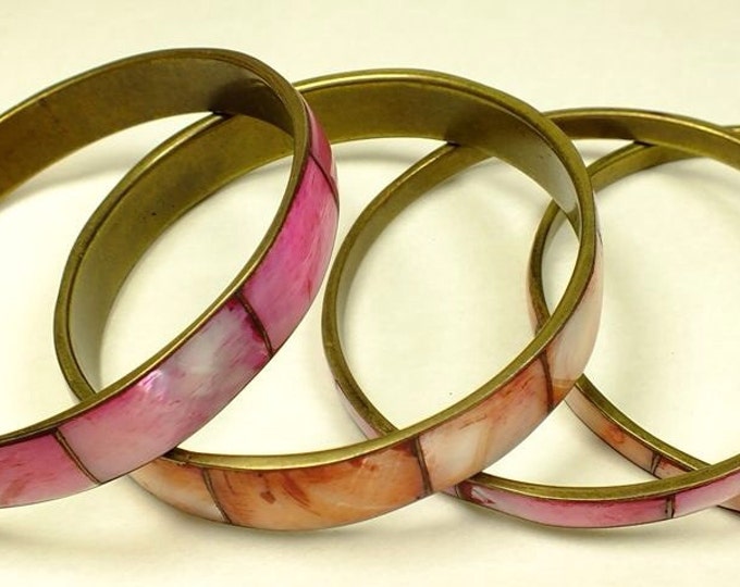 Storewide 25% Off SALE Beautiful Collection of 4 vintage mother-of-pearl style sectional bangle bracelets in shades of red and pink.