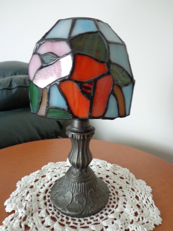 TIFFANY Candle Holder Vintage Embossed Metal Base Stained