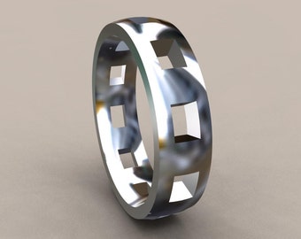 Silver 6mm Mens Wedding Band with Clean Pierced Holes, Classic 925 Sterling Silver Wedding Ring with Cutouts, Simple Mens Wedding Ring
