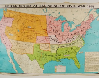 Vintage School Pull Down Map US Map at Beginning of Civil War/War of 1812