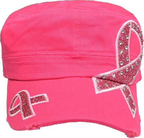 Hot Pink Ribbon Breast Cancer Awareness Rhinestone Hat With