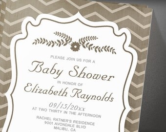 brown chevron stripes baby shower invites
