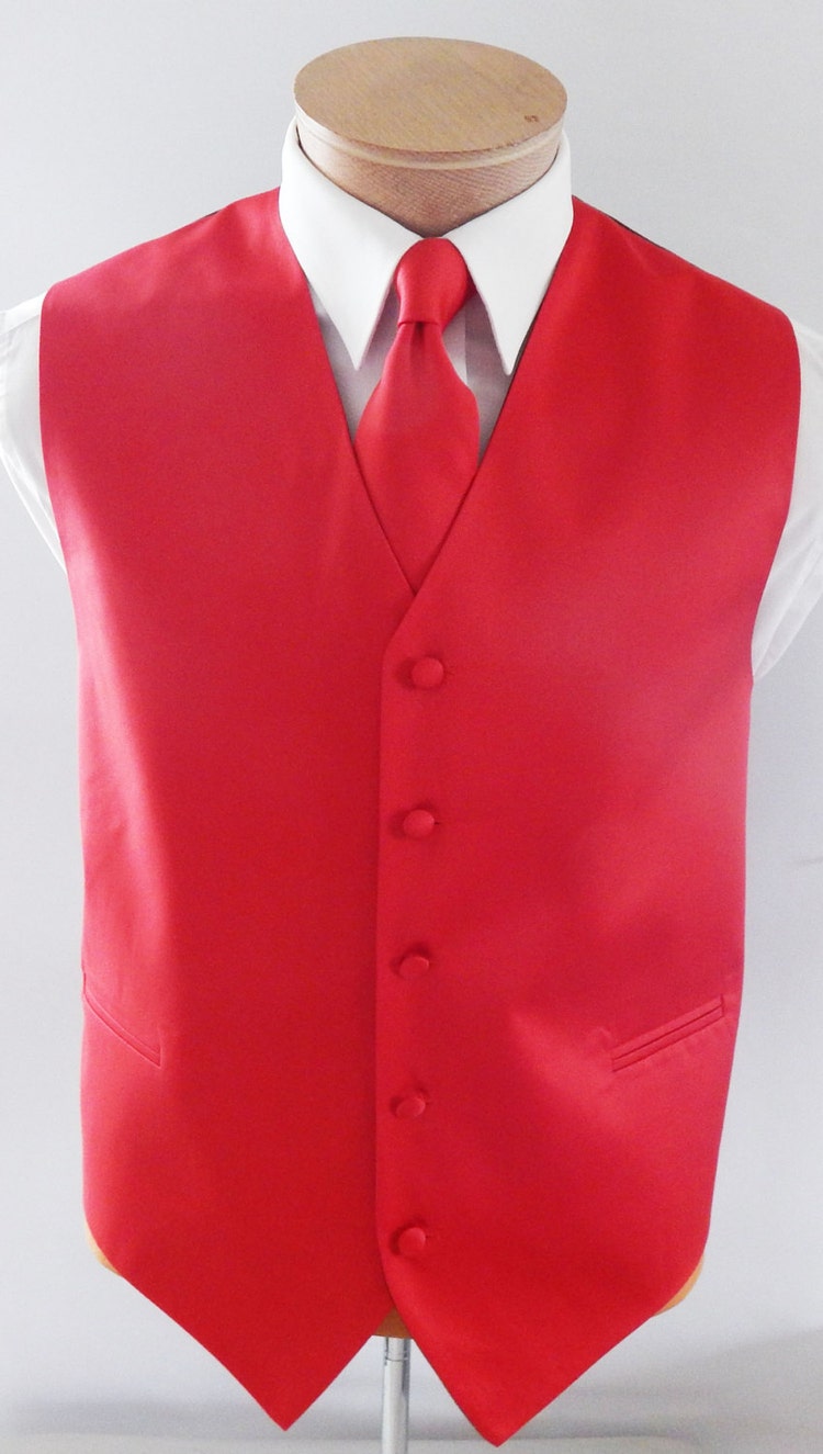 Mens Vest Red Smooth Satin And covered buttons by vesterrific