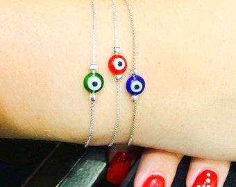 evil eye bracelet with lampwork lucky eye and on a real sterling silver box chain, safe to wet, ON SALE