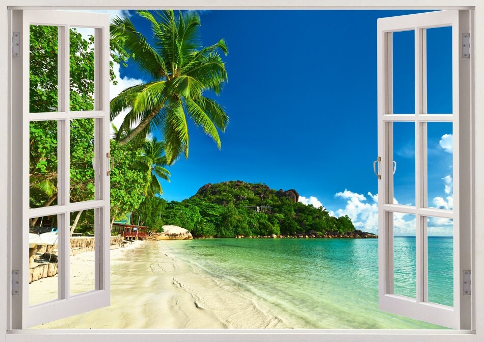 Tropical beach wall sticker 3D window tropical coast wall
