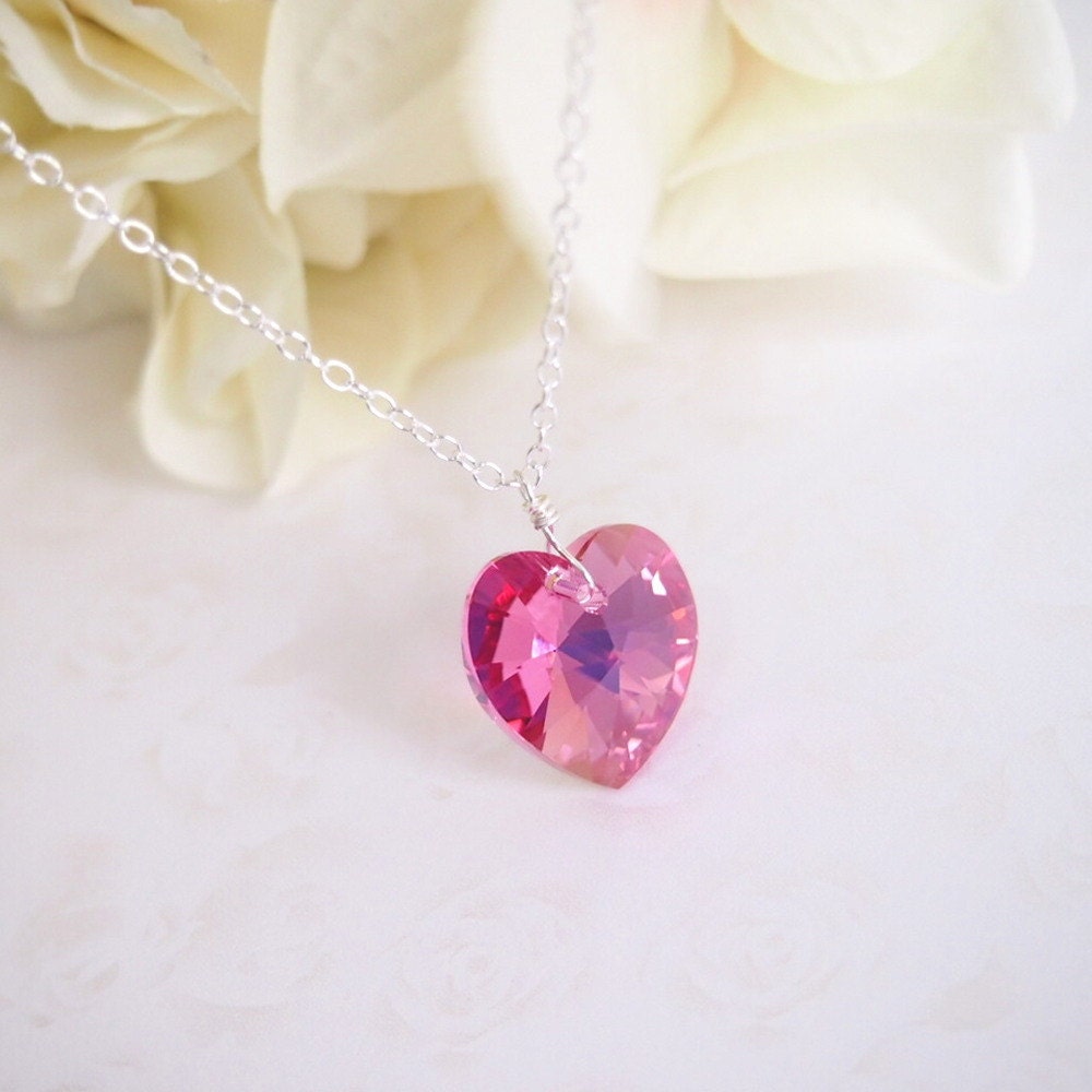 Pink Crystal Necklace Swarovski Heart Necklace Sterling 8011