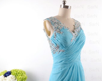 Sky Blue Long Prom Dresses, Custom Straps V Neck Chiffon Long Formal ...